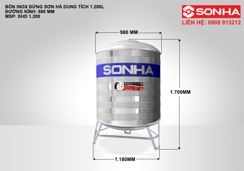 Kích thước bồn nước inox 1200 lít